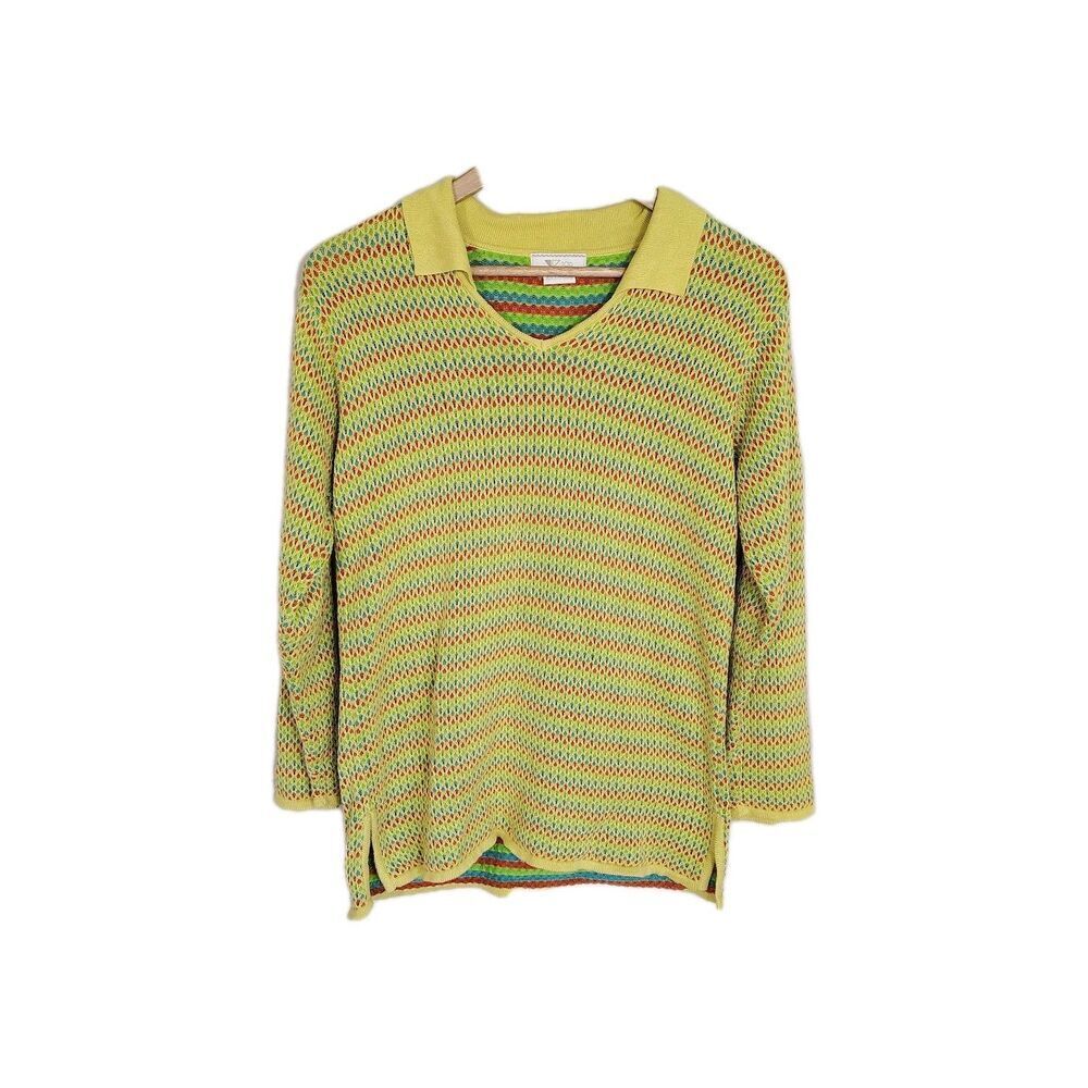 Vintage 70s Top Knit Womens Mod Knit Polo Sweater Size M Rainbow Retro Textured